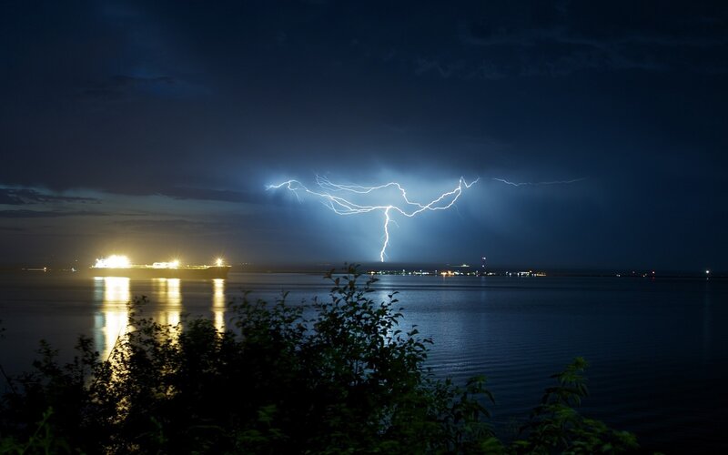 Lightning over Water — Blue, Dramatic, Night, Photograph, Ship, Storm