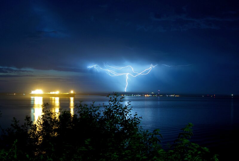 Lightning over Water — Blue, Dramatic, Night, Photograph, Ship