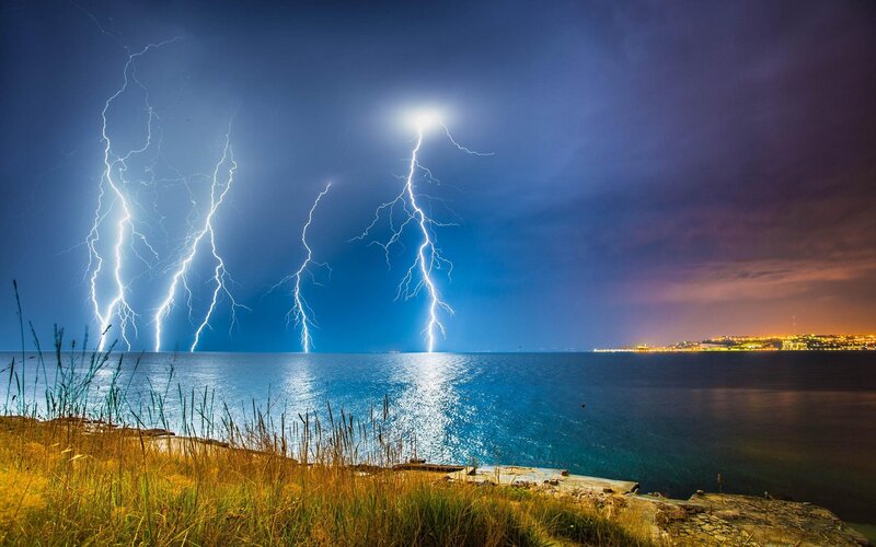 Lightning over Water — Blue, Dramatic, Night, Photograph, Storm, City Lights