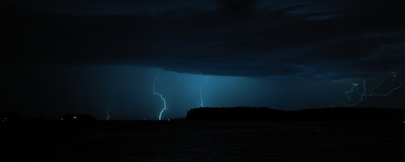 Lightning over Water — Blue, Dramatic, Night, Photograph, Storm Clouds, Island