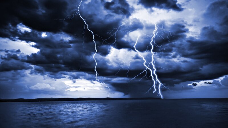 Lightning over Water — Blue, Dramatic, Night, Photograph, Storm Clouds, Lake