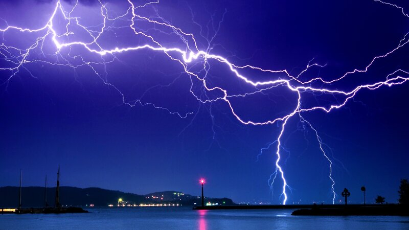 Lightning over Water — Blue, Dramatic, Night, Photograph, Storm, Harbor