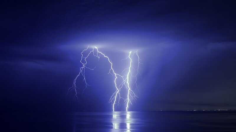 Lightning over Water — Blue, Dramatic, Night, Photograph, Storm, Sky, Ocean