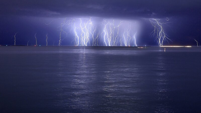 Lightning over Water — Blue, Dramatic, Night, Photograph, Storm, Sky