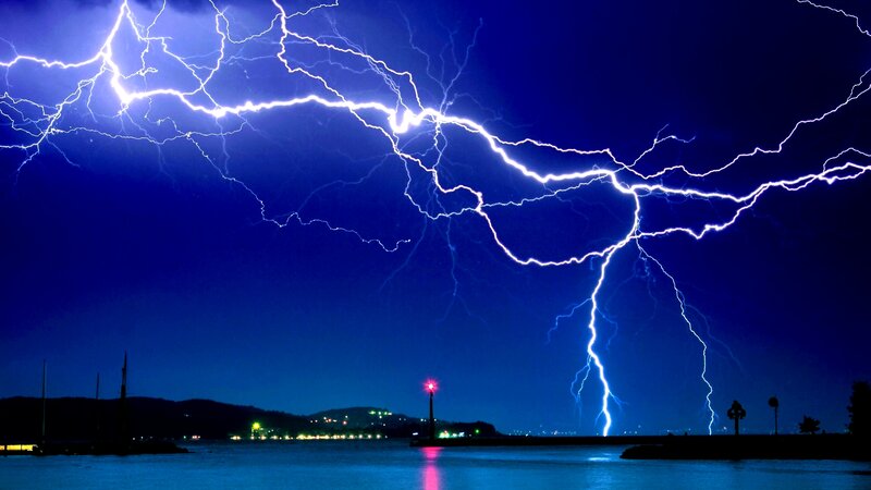 Lightning over Water — Blue, Dramatic, Night, Photograph, Storm