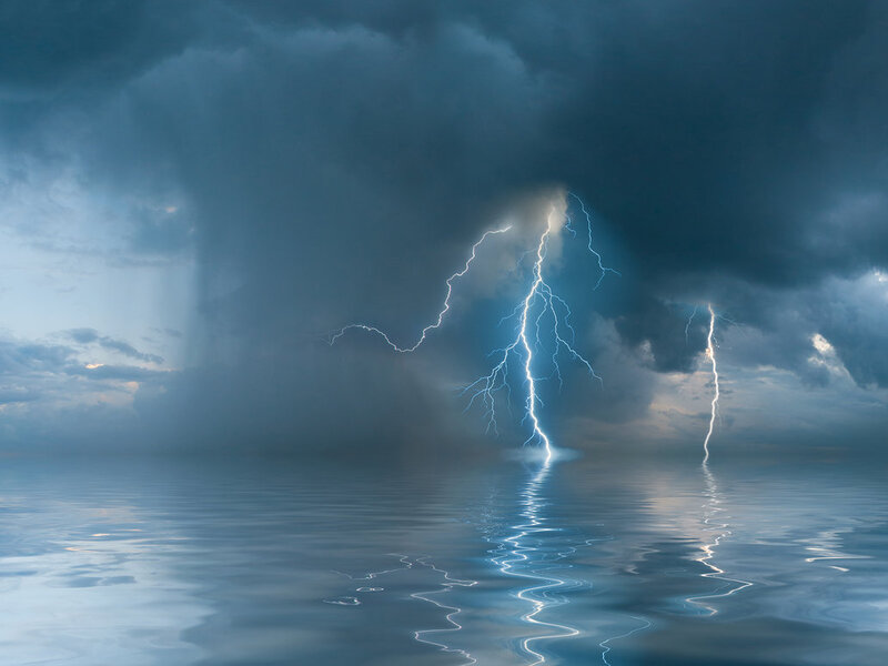 Lightning over Water — Blue, Dramatic, Photograph
