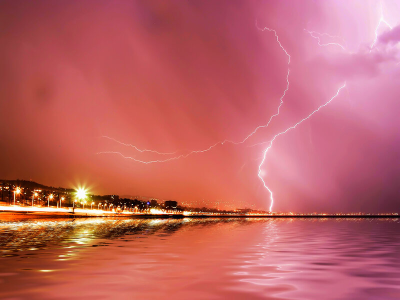 Lightning over Water — Pink, Dramatic