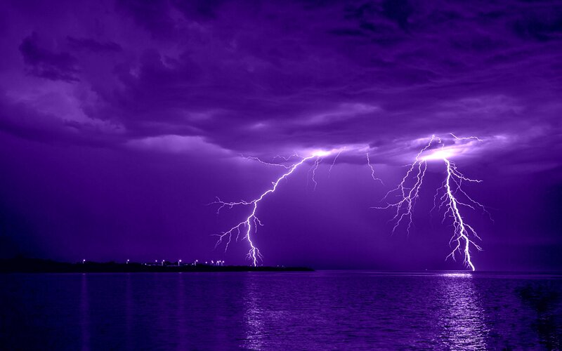 Lightning over Water — Purple, Dramatic, Night, Photograph, Clouds, Land