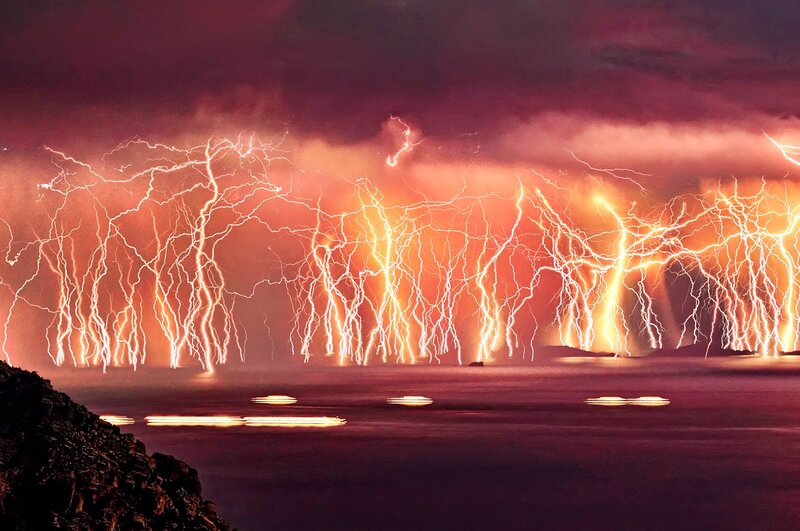 Lightning over Water — Purple, Dramatic, Night, Photograph, Clouds, Ocean