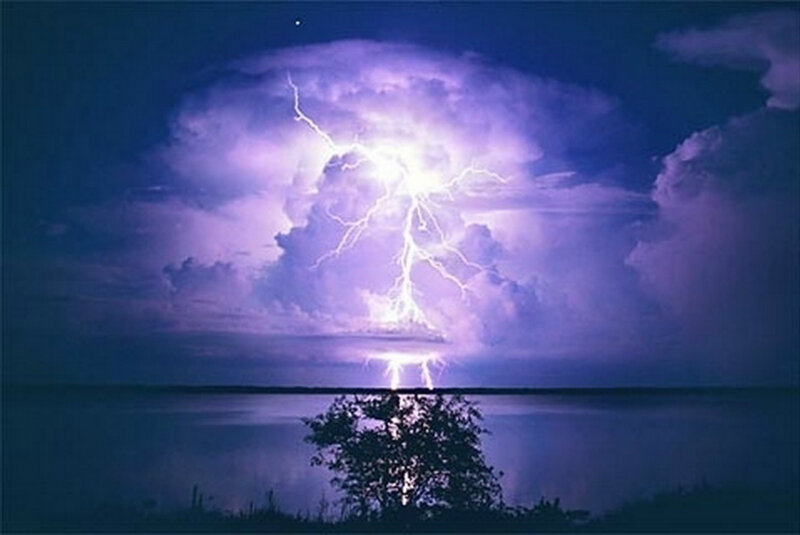 Lightning over Water — Purple, Dramatic, Night, Photograph, Clouds