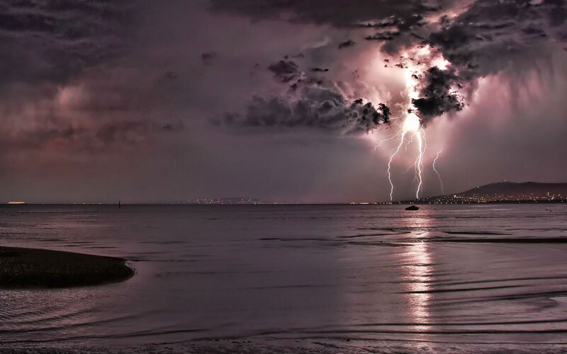 Lightning over Water — Purple, Dramatic, Night, Photograph, Storm Clouds, City Lights