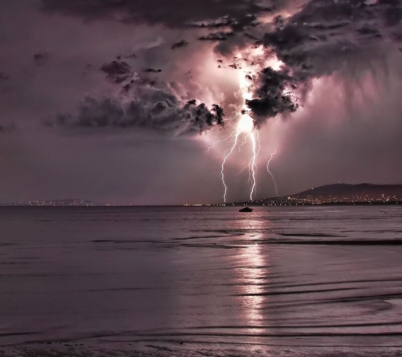 Lightning over Water — Purple, Dramatic, Night, Photograph, Storm Clouds