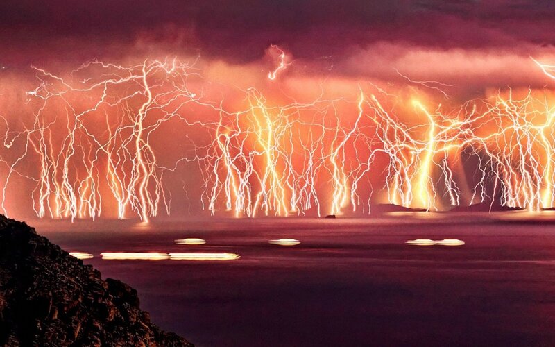 Lightning over Water — Purple, Dramatic, Night, Photograph