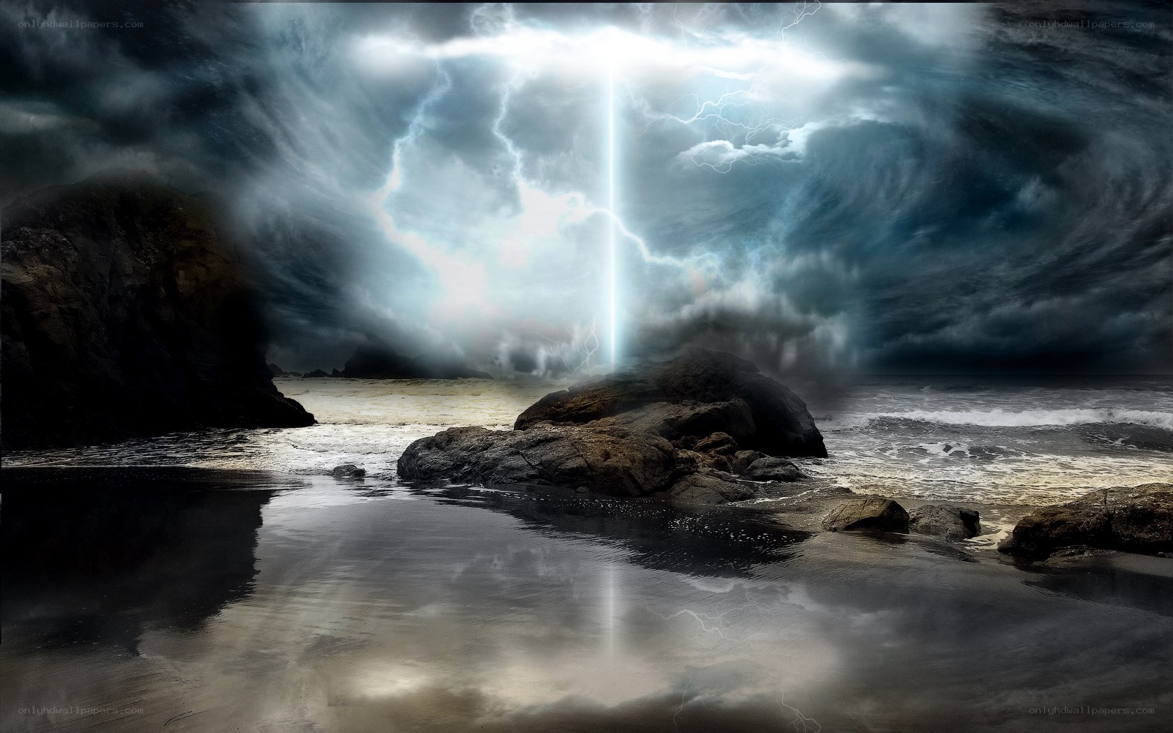 Lightning storm at rocky beach