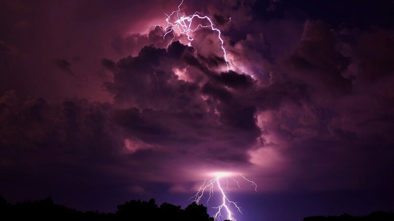 Lightning Storm Clouds — Purple, Dramatic, Night, Photograph, Trees, Black