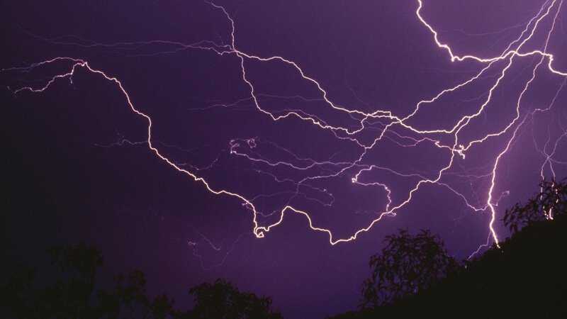 Lightning Storm in Sky — Purple, Dramatic, Night, Photograph, Trees