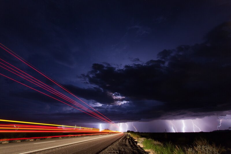 Lightning storm on a highway