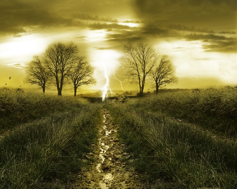 Lightning storm over a rural path