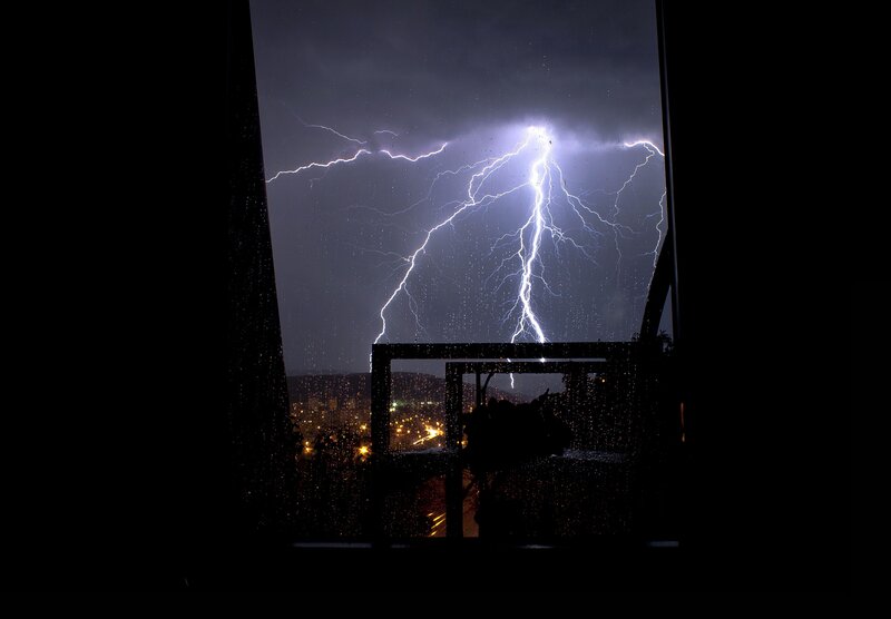 Lightning Storm over City — Black, Dramatic, Night