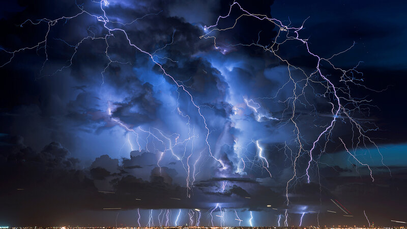 Lightning Storm over City — Blue
