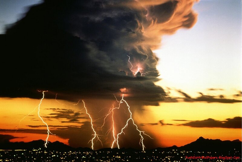 Lightning Storm over City — Orange, Dramatic, Sunset, Photograph, City Lights, Mountains, Clouds