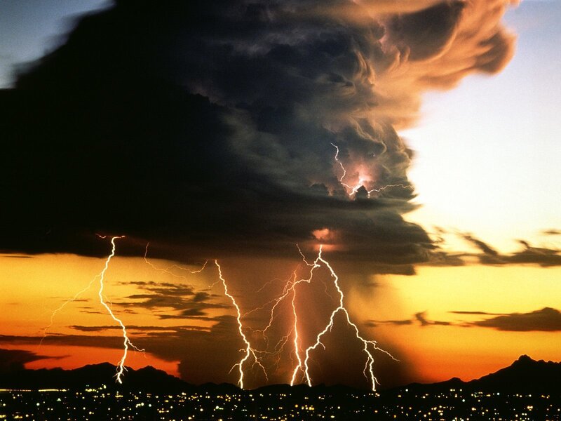 Lightning Storm over City — Orange, Dramatic, Sunset, Photograph, City Lights, Mountains