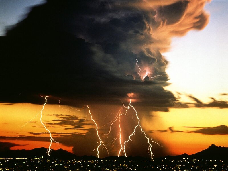 Lightning Storm over City — Orange, Dramatic, Sunset, Photograph, City Lights