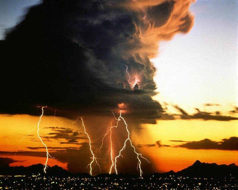 Lightning Storm over City — Orange, Dramatic