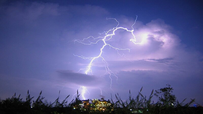 Lightning Storm over City — Purple, Dramatic, Night, Photograph, City Lights, Clouds, Plants