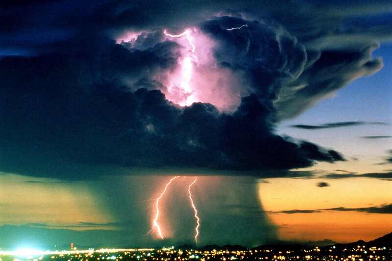 Lightning Storm over City — Purple, Dramatic, Night, Photograph, City Lights, Clouds, Thunderstorm