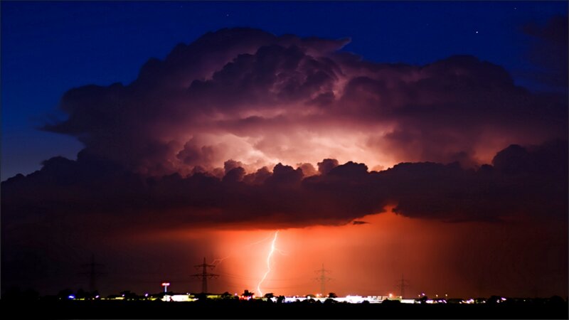 Lightning Storm over City — Purple, Dramatic, Night, Photograph, Clouds, Power Lines