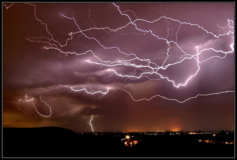 Lightning Storm over City — Purple, Dramatic, Night, Photograph