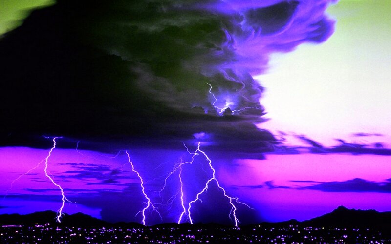 Lightning Storm over City — Purple, Dramatic, Night