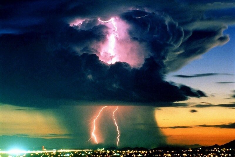 Lightning Storm over City — Purple, Dramatic, Sunset, Photograph