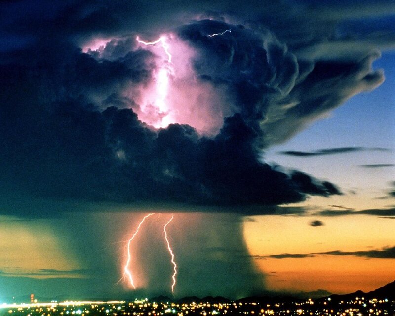 Lightning Storm over City — Purple, Dramatic