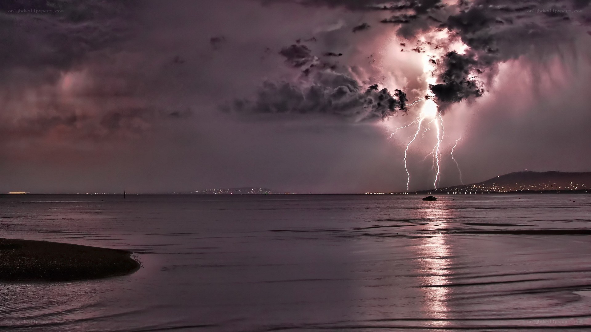 Lightning storm over coastal waters