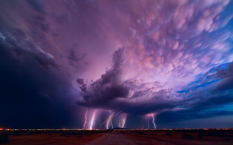 Lightning Storm over Desert — Purple, Dramatic, Night, Photograph, Clouds