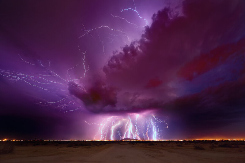 Lightning Storm over Desert — Purple, Dramatic, Night, Photograph