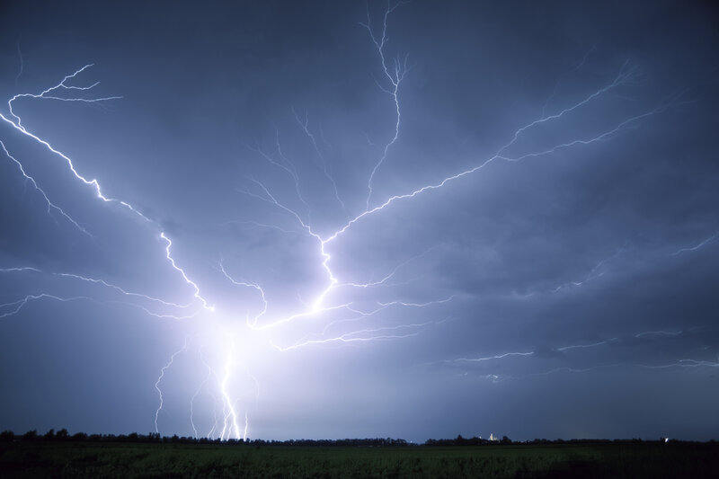 Lightning Storm over Field — Blue, Dramatic, Night