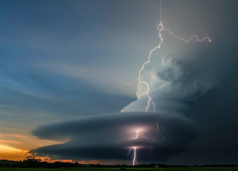 Lightning Storm over Field — Blue, Dramatic, Sunset