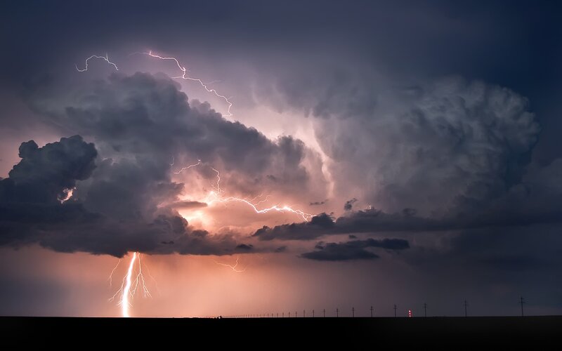 Lightning Storm over Field — Purple, Dramatic, Night, Photograph, Clouds, Power Lines