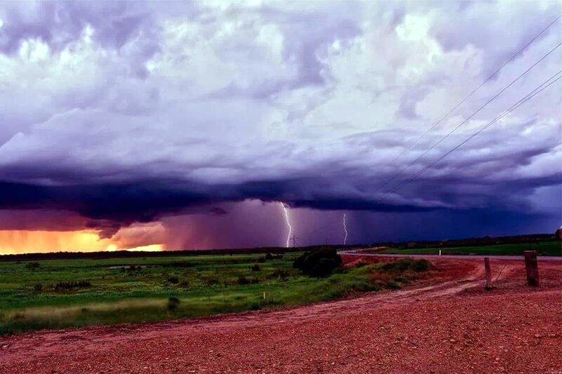 Lightning Storm over Field — Purple, Dramatic, Night, Photograph, Clouds, Road