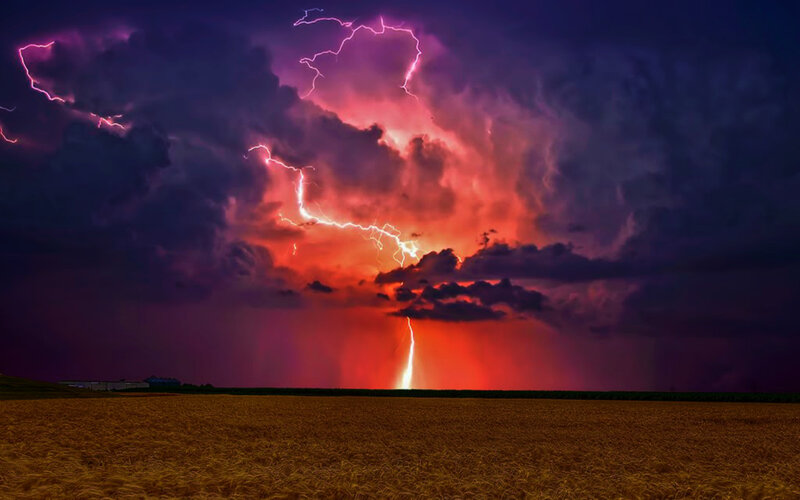Lightning Storm over Field — Purple, Dramatic, Night, Photograph, Clouds