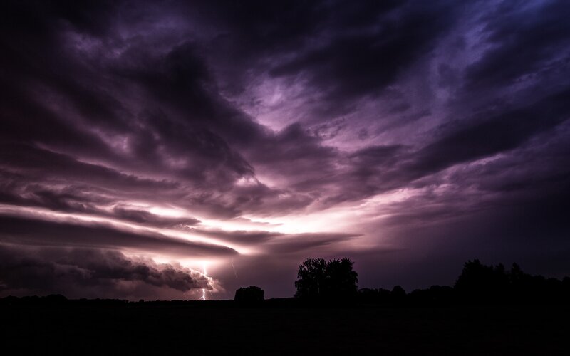 Lightning Storm over Field — Purple, Dramatic, Night, Photograph, Clouds, Trees, Black, White