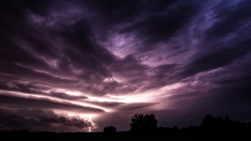 Lightning Storm over Field — Purple, Dramatic, Night, Photograph, Clouds, Trees
