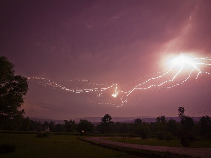Lightning Storm over Field — Purple, Dramatic, Night, Photograph