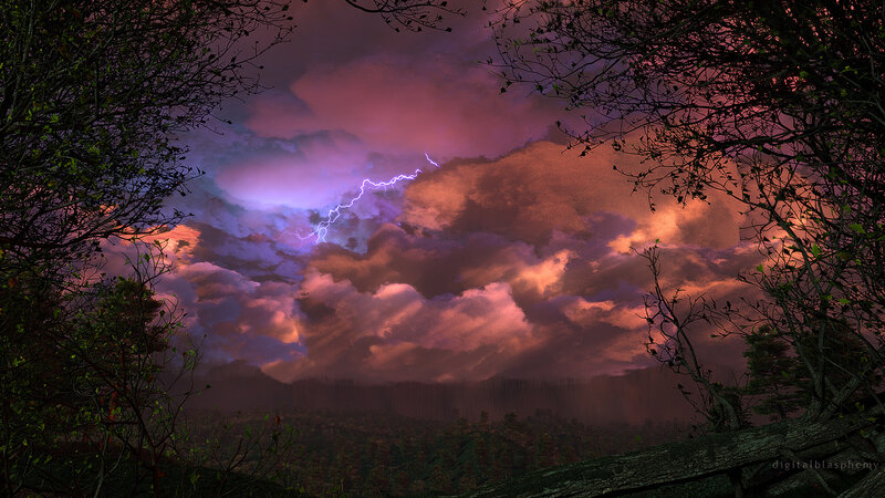 Lightning Storm over Forest — Purple, Dramatic