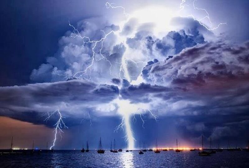 Lightning Storm over Harbor — Blue, Dramatic