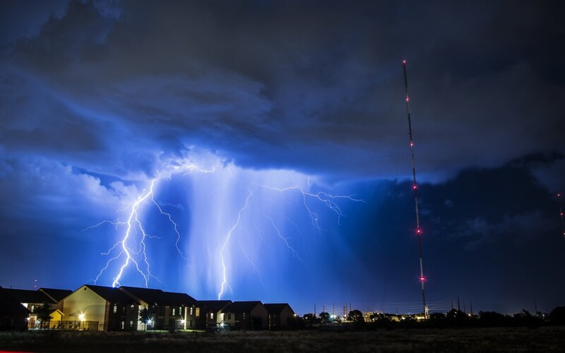 Lightning Storm over Houses — Blue, Dramatic