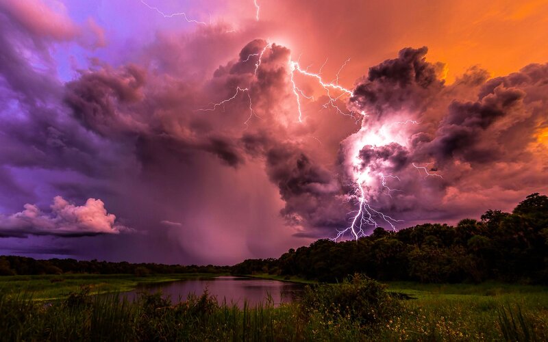 Lightning Storm over Lake — Purple, Dramatic, Night, Photograph, Clouds